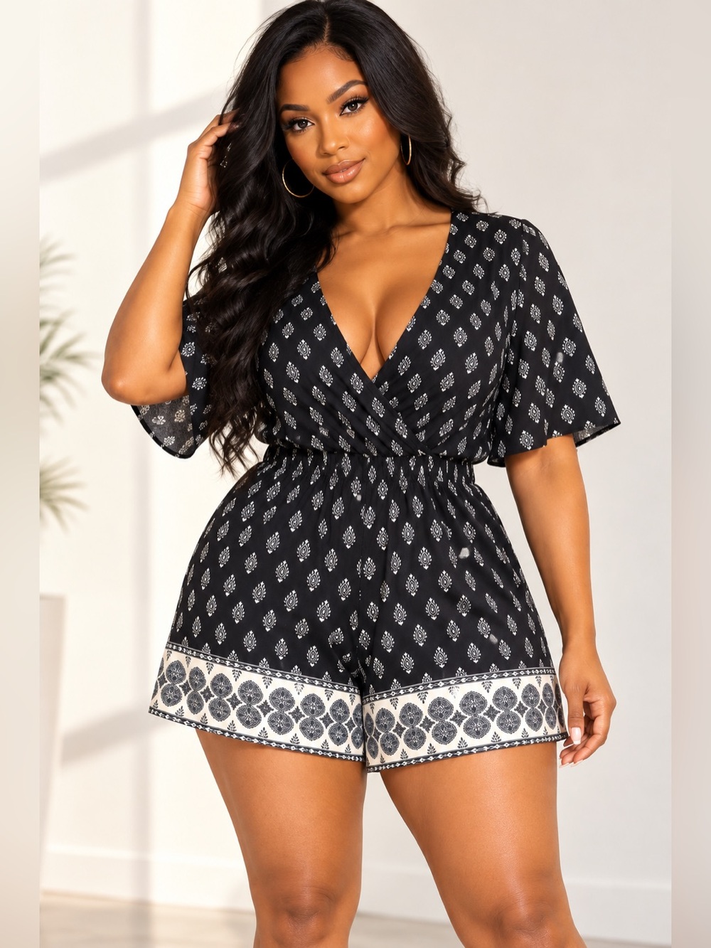 BeachLunchLounge Collection Black White Boho Print Surplice Romper Bell Sleeve X